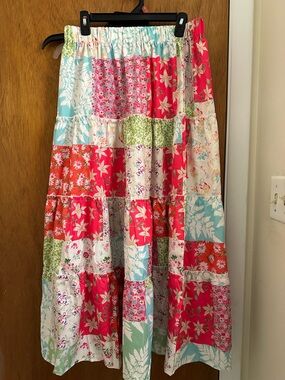 SHEIN Patchwork Floral Tiered Maxi Skirt in Pink, Aqua, Green, White
